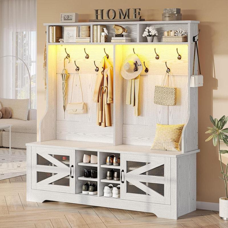 LED Işıklı Oturaklı Ayakkabılıklı Ahşap Portmanto Vestiyer - 151 cm - 159844