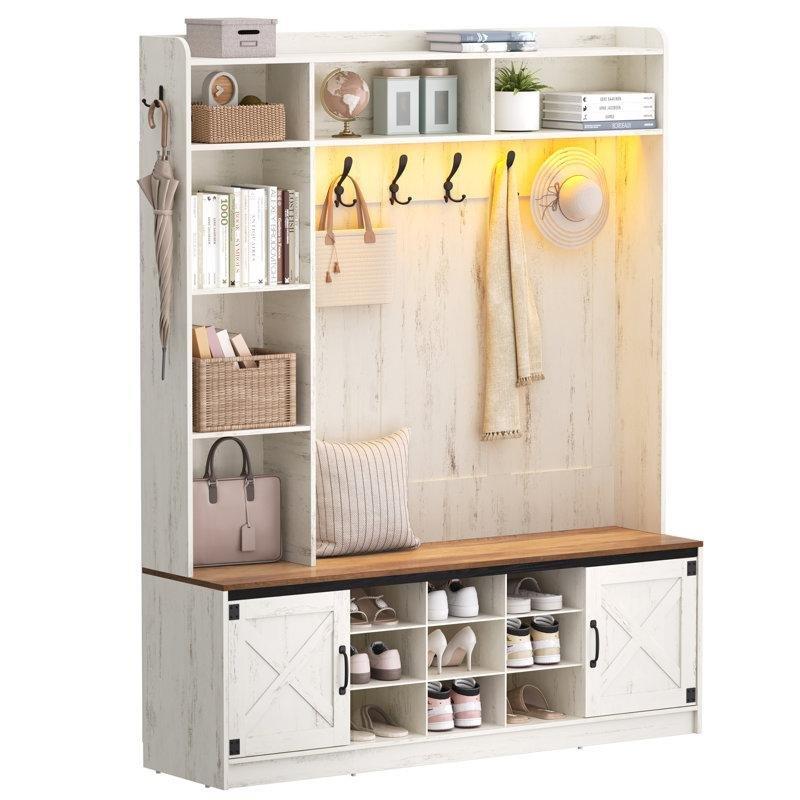 LED Işıklı Oturaklı Kır Evi Tarzı MDF ve Çelik Portmanto Vestiyer - 152x40x191 cm - 159793