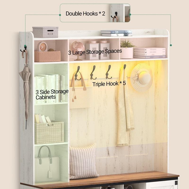 LED Işıklı Oturaklı Kır Evi Tarzı MDF ve Çelik Portmanto Vestiyer - 152x40x191 cm - 159793