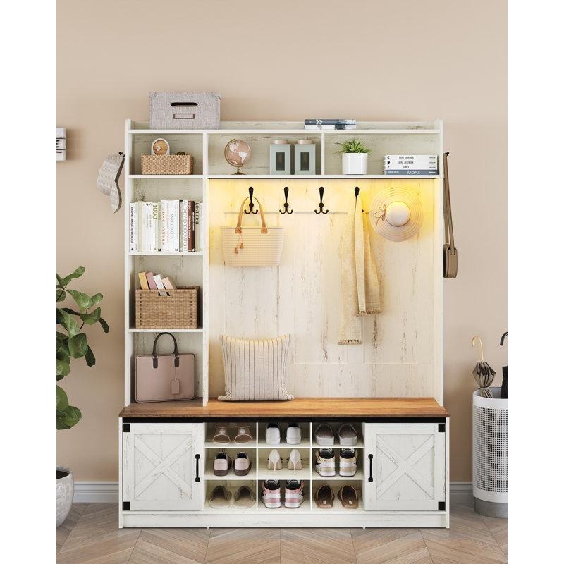 LED Işıklı Oturaklı Kır Evi Tarzı MDF ve Çelik Portmanto Vestiyer - 152x40x191 cm - 159793