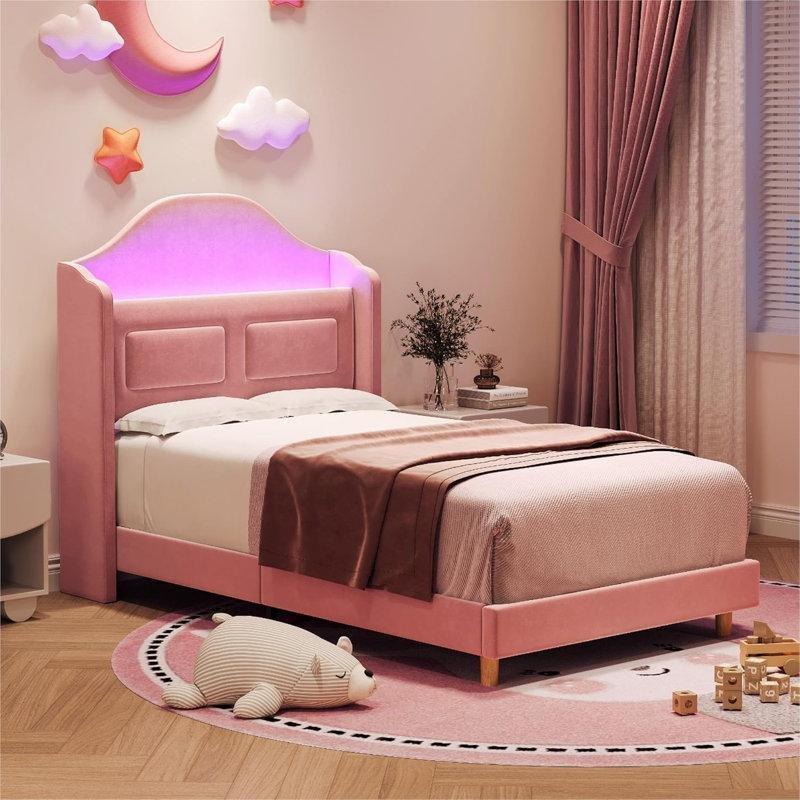 LED Işıklı Raflı Başlıklı Kadife Döşemeli Tek Kişilik Karyola - 142918