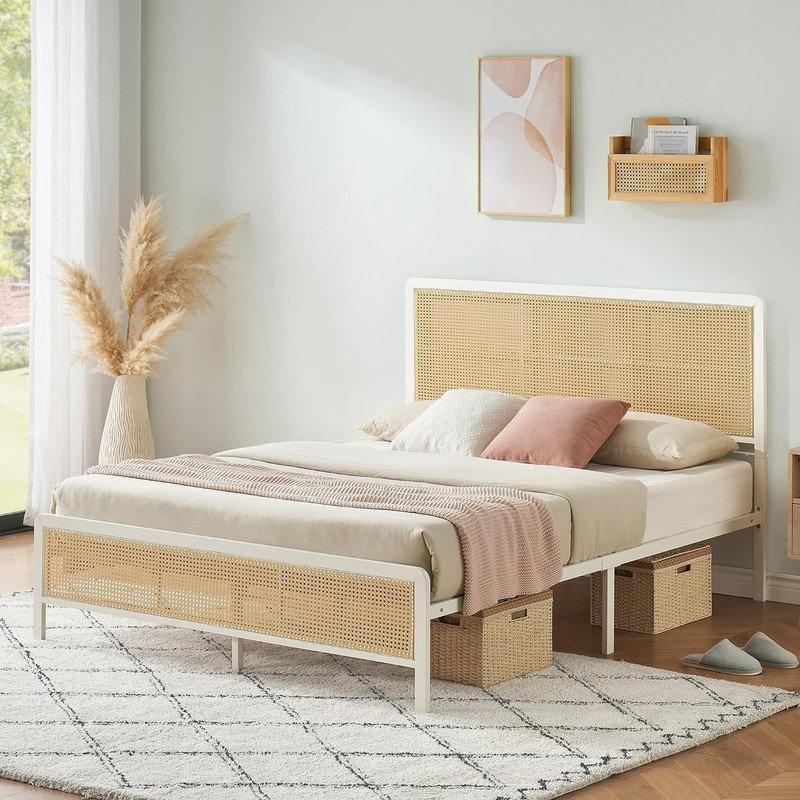 LED Işıklı Rattan Başlıklı Metal Platform Karyola - 144x194 cm - 143140