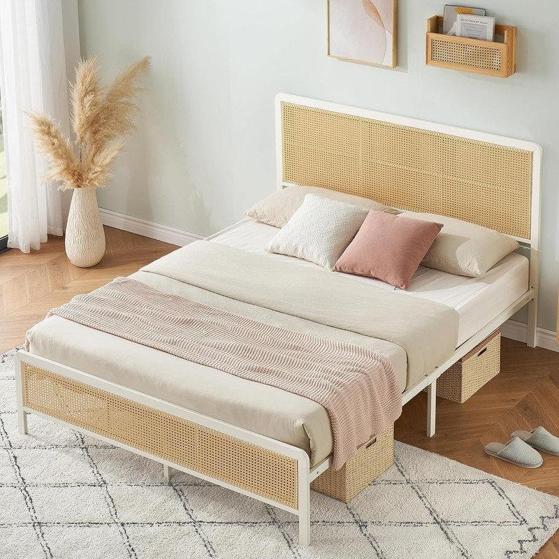 LED Işıklı Rattan Başlıklı Metal Platform Karyola - 144x194 cm - 143140