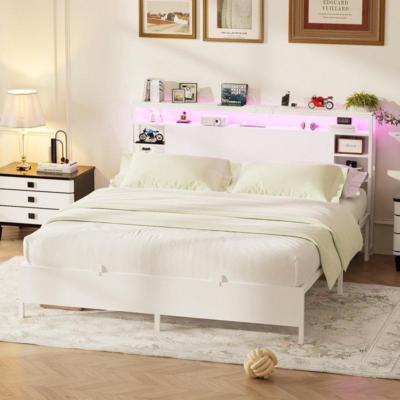 LED Işıklı Şarj İstasyonlu Raflı Endüstriyel Ahşap Yatak Başlığı - 155 cm - 144939