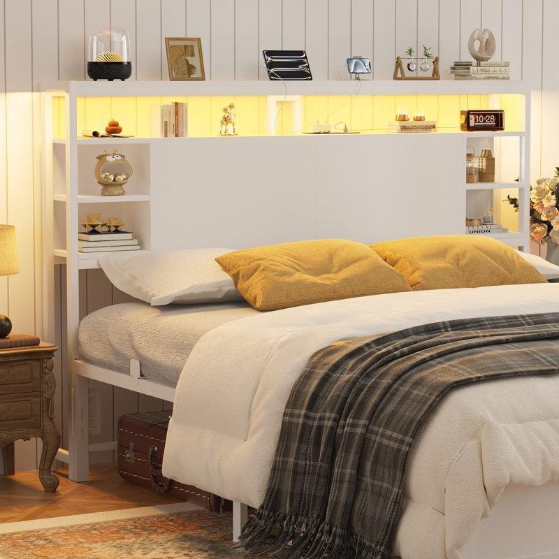 LED Işıklı Şarj İstasyonlu Raflı Endüstriyel Ahşap Yatak Başlığı - 155 cm - 144939