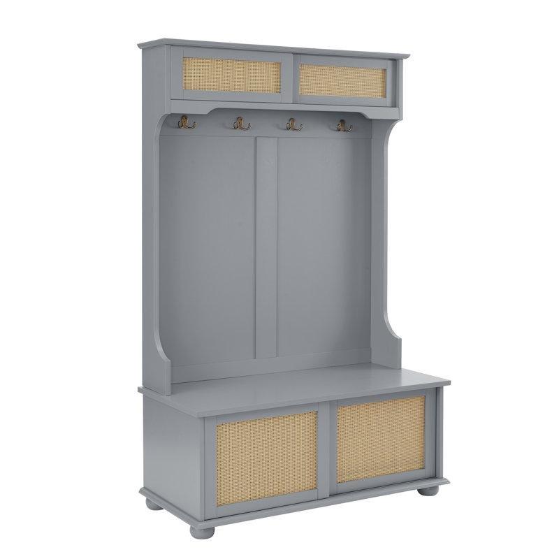Masif Ahşap Ayaklı Rattan Kapaklı Oturaklı Ayakkabılıklı Portmanto Vestiyer - 102 cm - 159568