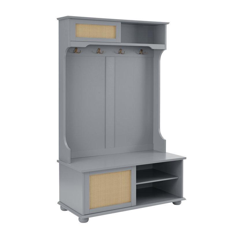 Masif Ahşap Ayaklı Rattan Kapaklı Oturaklı Ayakkabılıklı Portmanto Vestiyer - 102 cm - 159568