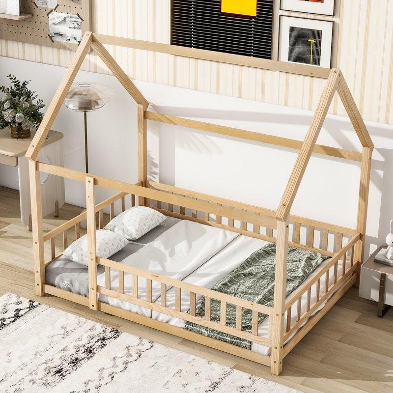 Masif Ahşap Çatılı Montessori Çocuk Karyolası - 202x153 cm - 142891