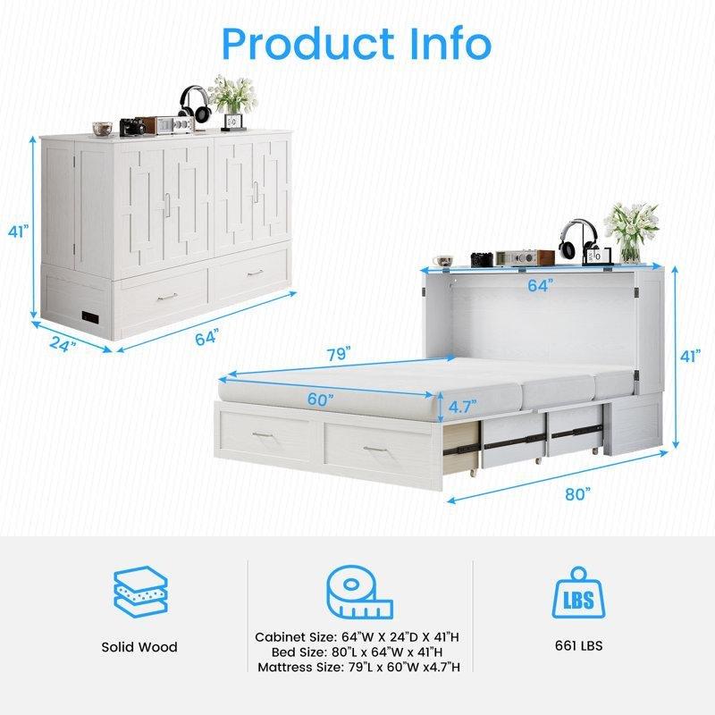 Masif Ahşap Çekmeceli ve USB Şarjlı Çift Kişilik Duvar Yatağı - 161x206 cm - 144453