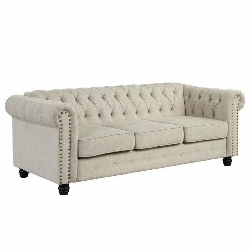 Masif Ahşap İskeletli Kapitoneli Kıvrımlı Kollu Chesterfield Koltuk - 204 cm - 151762