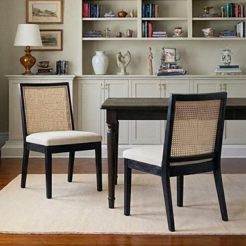 Masif Ahşap Kumaş Döşemeli Rattan Sırtlı Sandalye 2li Set - 146292