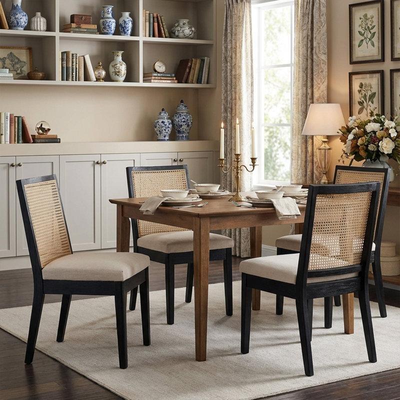 Masif Ahşap Kumaş Döşemeli Rattan Sırtlı Sandalye 2li Set - 146292