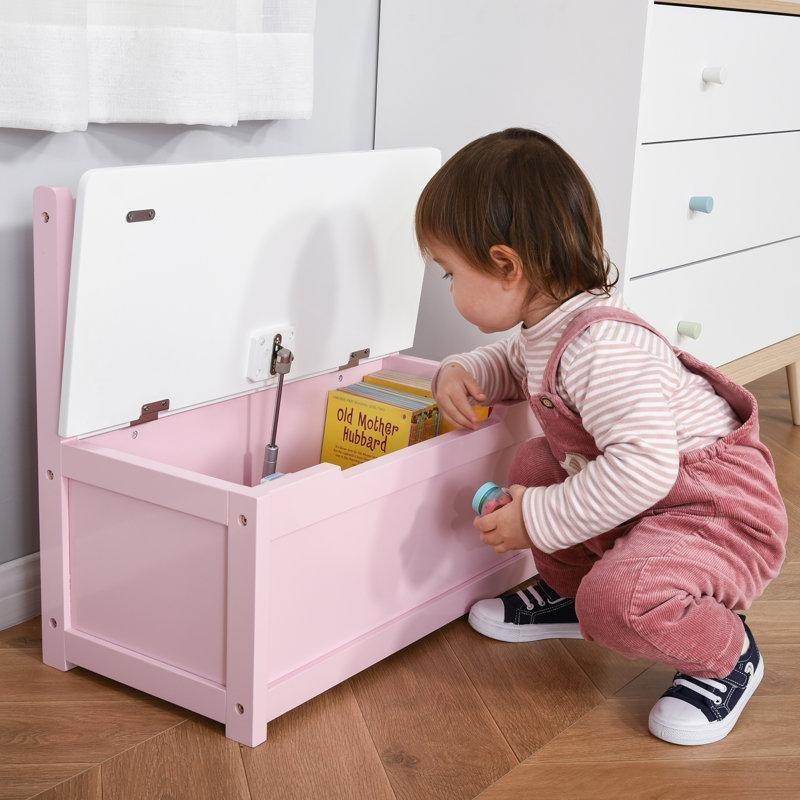Masif Çam Ağacı ve MDF Sırtlıklı Güvenlik Kapaklı Minderli Oyuncak Dolabı - 60x30x51 cm - 150228