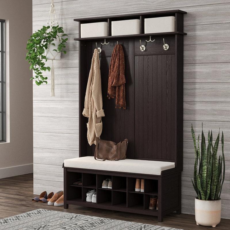 Masif Çam Ahşap Oturaklı Ayakkabılıklı ve 6 Askılı Portmanto Vestiyer - 122x51x195 cm - 159550