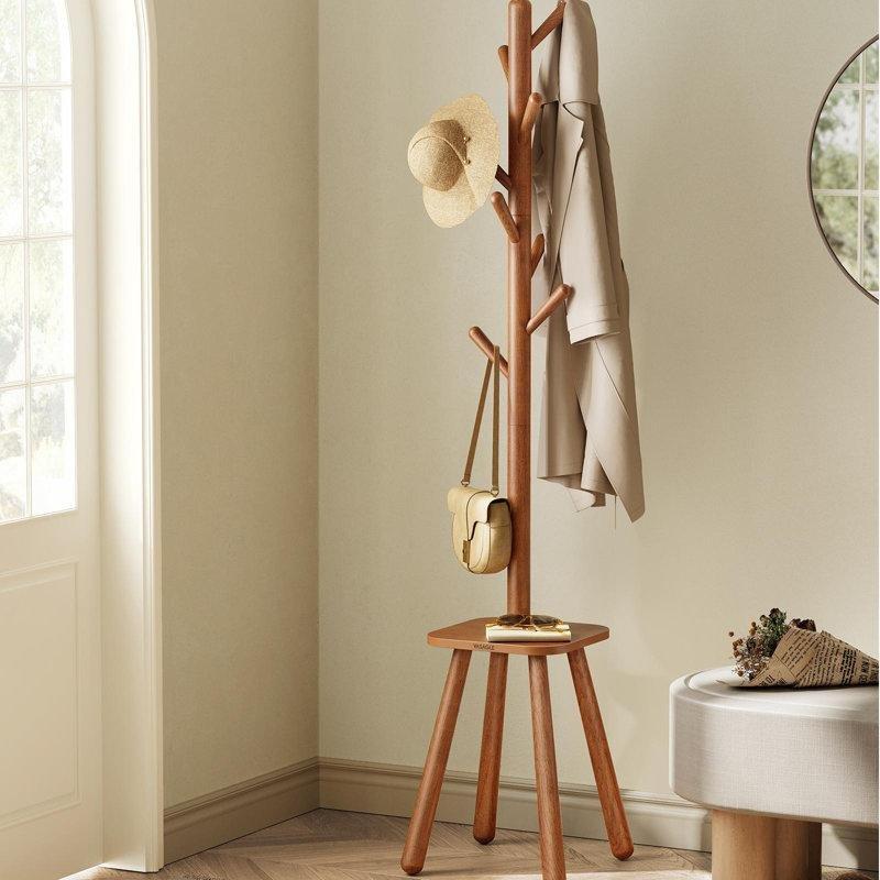 Masif Kauçuk Ağacı ve MDF 8 Kancalı Raflı Portmanto - 171x35x35 cm - 161383