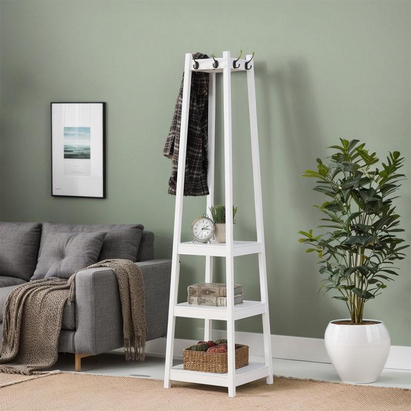 Masif ve Endüstriyel Ahşap 3 Raflı 8 Kancalı Ayaklı Portmanto Vestiyer - 183 cm - 161416