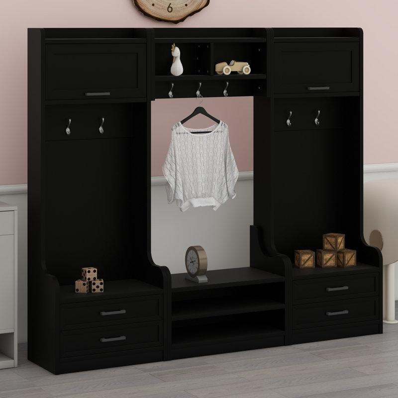 Masif ve Endüstriyel Ahşap Ayrılabilir Köşe 7 Askılı 2 Çekmeceli Dolaplı Portmanto Vestiyer - 159403