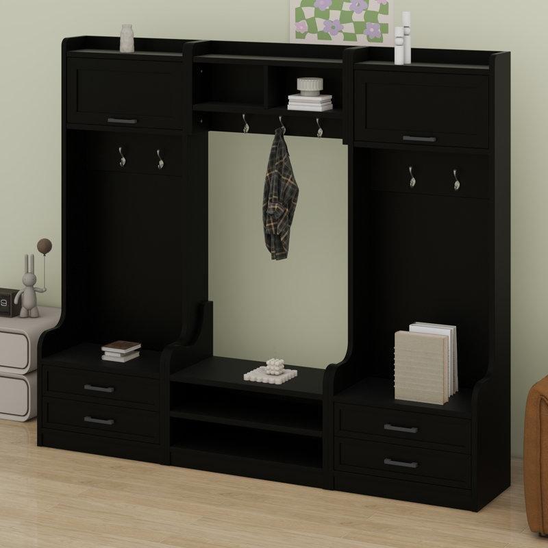 Masif ve Endüstriyel Ahşap Ayrılabilir Tasarımlı 7 Askılı Çekmeceli Köşe Portmanto Vestiyer - 199x40x178 cm - 159400