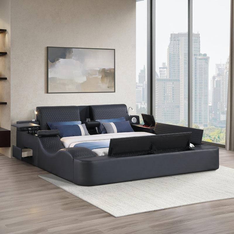 Masif ve Endüstriyel Ahşap İskeletli Masajlı Bluetooth Hoparlörlü Akıllı Karyola - 265x260 cm - 142261