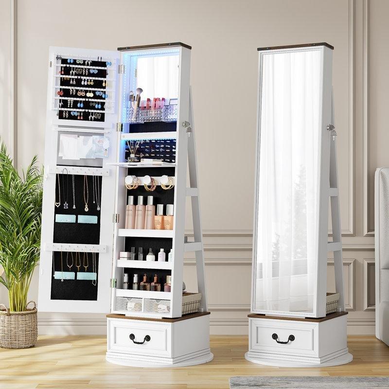 Masif ve Endüstriyel Ahşap LED Işıklı Dönebilen Kilitli Boy Aynalı Takı Dolabı - 161x55 cm - 145170