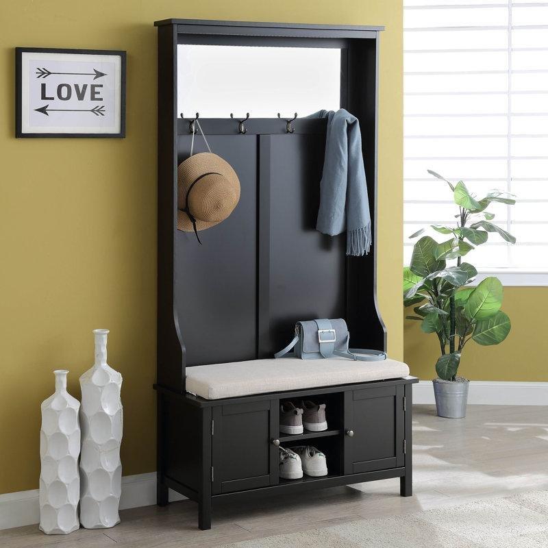 Masif ve Endüstriyel Ahşap Minderli Oturaklı Ayakkabılıklı Portmanto Vestiyer - 97 cm - 159745