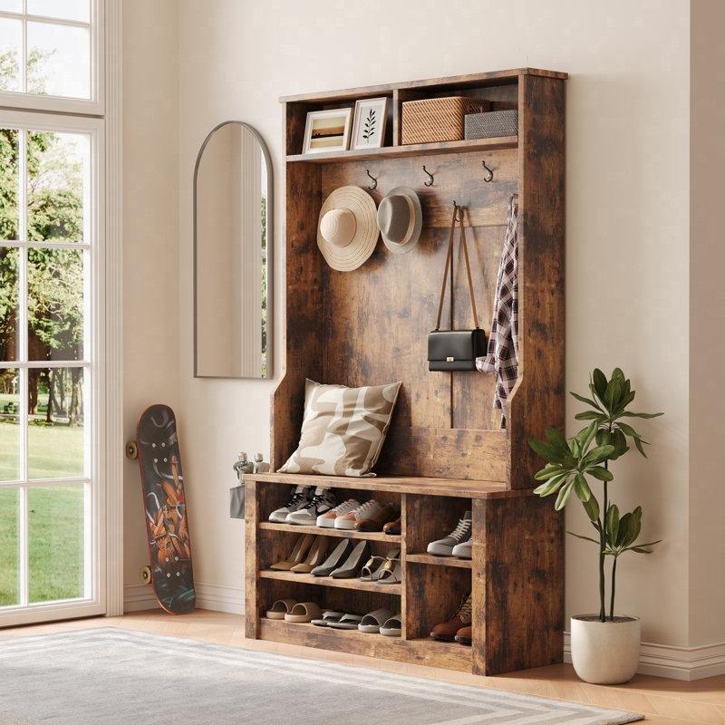 Masif ve MDF Ahşap Oturaklı Raflı Sepetli 7 Askılı Portmanto Vestiyer - 100 cm - 159892