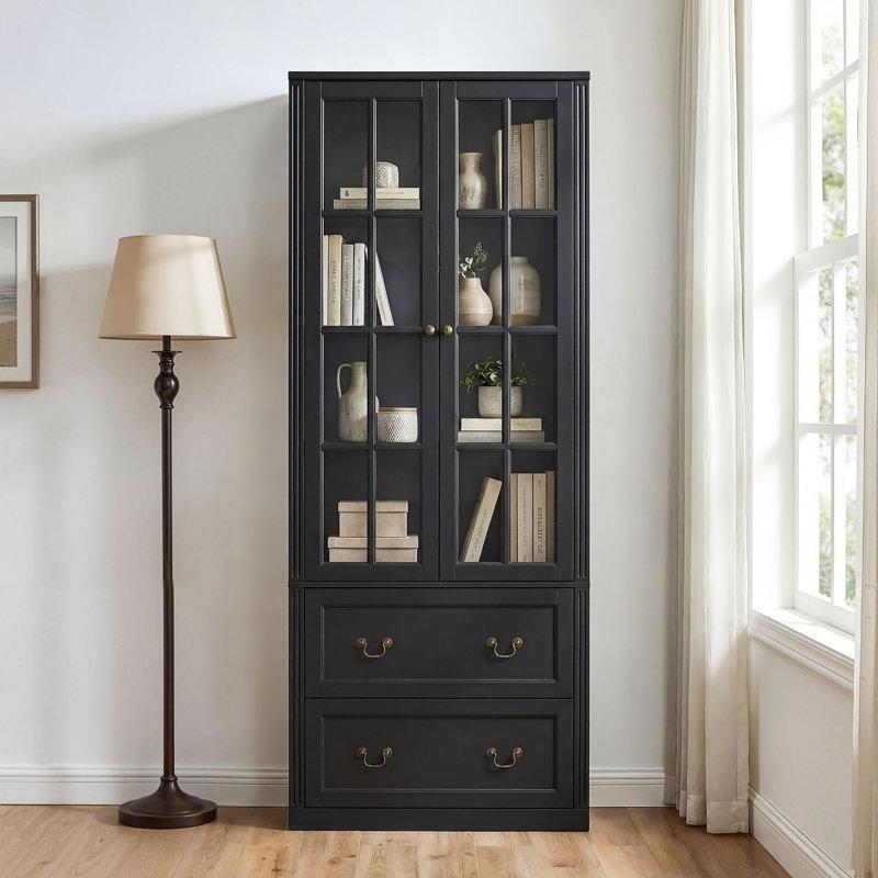 Masif ve MDF Cam Kapaklı 2 Çekmeceli Vitrin - Gümüşlük - 80x40x200 cm - 157285