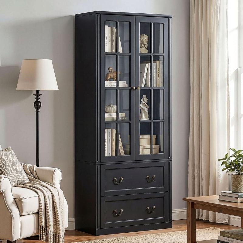 Masif ve MDF Cam Kapaklı 2 Çekmeceli Vitrin - Gümüşlük - 80x40x200 cm - 157285