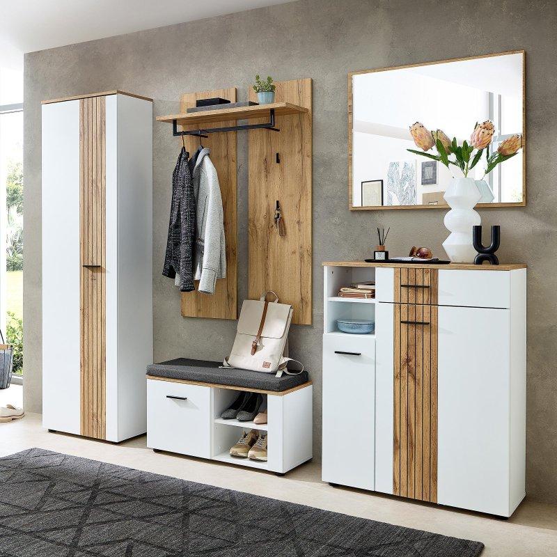 Mat Beyaz Ahşap 5 Parça Oturaklı Aynalı Portmanto Vestiyer Seti - 247x202x38 cm - 159352