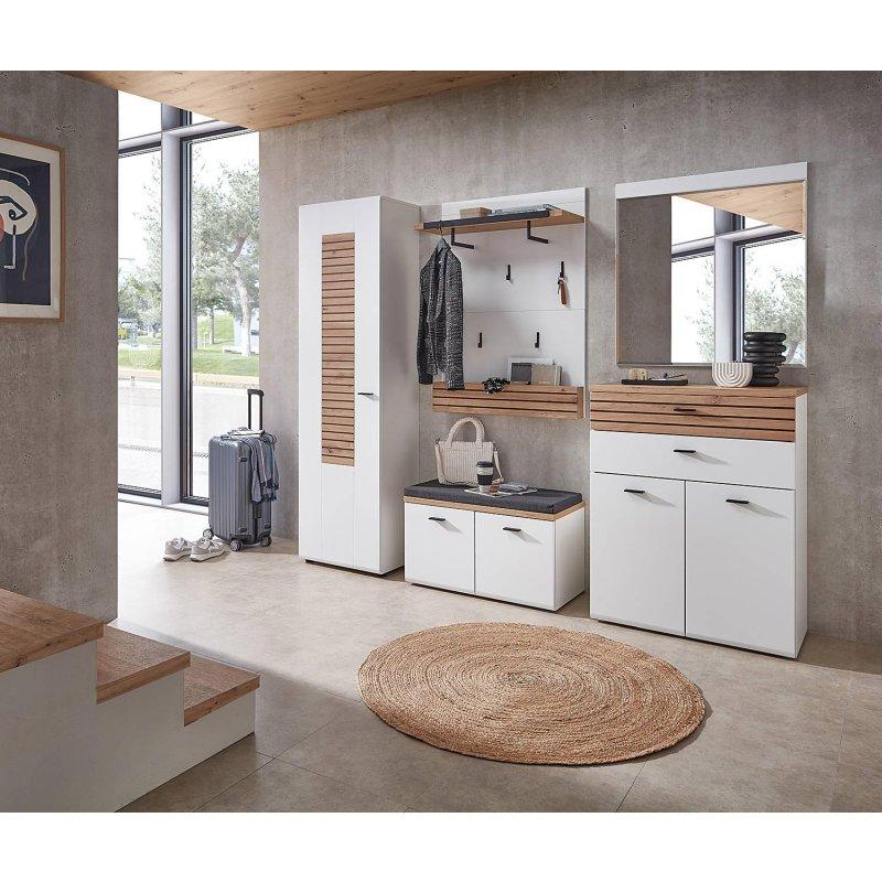 Mat Beyaz Ahşap Çıtalı Aynalı Oturaklı 5 Parçalı Portmanto Vestiyer Seti - 215x201x40 cm - 158596