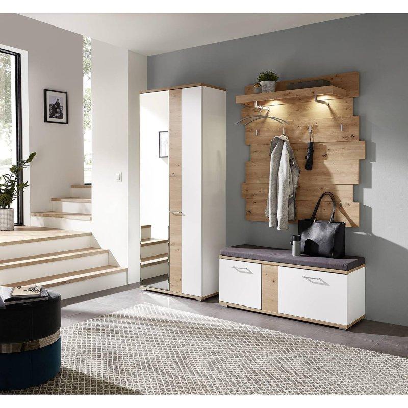 Mat Beyaz Artisan Meşe Tasarımlı Oturaklı Aynalı ve Aydınlatmalı 3 Parçalı Portmanto Vestiyer - 200x200x38 cm - 159166