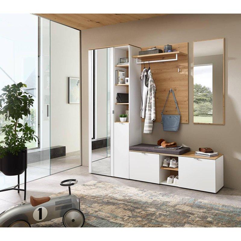 Mat Beyaz Sanatkar Meşe Aynalı Oturaklı 4 Parçalı Portmanto Vestiyer - 206 cm - 159070