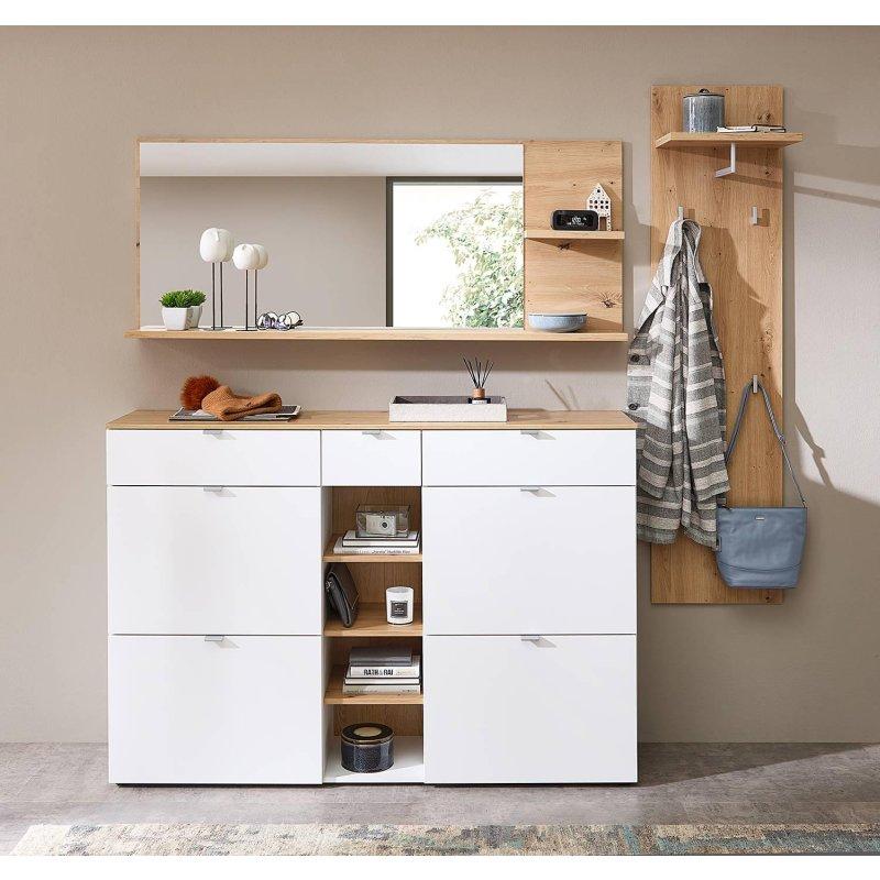 Mat Beyaz ve Artisan Meşe 3 Parçalı Aynalı Çekmeceli Yonga Levha Portmanto Vestiyer Seti - 188 cm - 159220