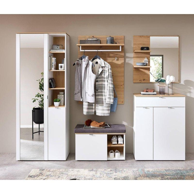 Mat Beyaz ve Artisan Meşe Dekor Yonga Levha 5 Parçalı Aynalı Oturaklı Portmanto Vestiyer Seti - 264 cm - 159154