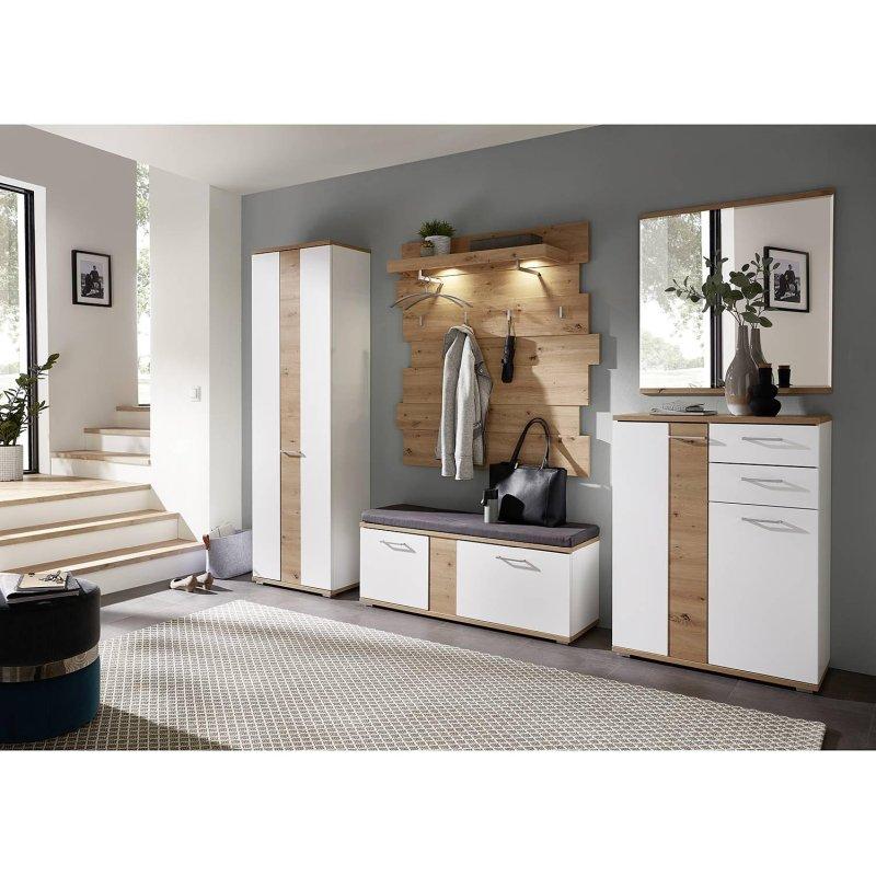 Mat Beyaz ve Artizan Dekor MDF 5 Parça Oturaklı Aynalı Işıklı Portmanto Vestiyer Seti - 260 cm - 159094