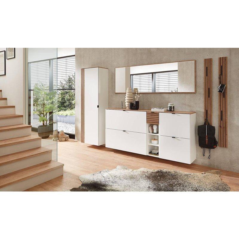Mat Beyaz ve Zanaatkar Meşe Ahşap Aynalı 7 Parça Portmanto Vestiyer Seti - 305x179x37 cm - 159190