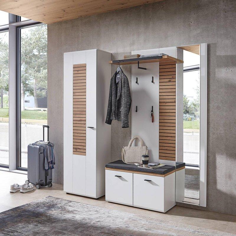 Mat Beyaz ve Zanaatkar Meşe Ahşap Çıtalı Oturaklı 3 Parçalı Portmanto Vestiyer - 172 cm - 158671