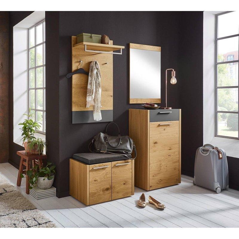 Mat Gri Gerçek Ahşap Kaplama Oturaklı Aynalı 4 Parçalı Portmanto Vestiyer - 135x195 cm - 158965