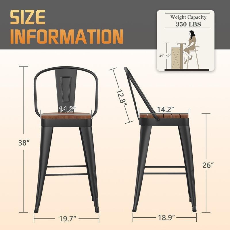 Mat Siyah Sırt Destekli 4'lü Dış Mekan Ferforje Bar Sandalyesi Seti - 67 cm - 148752