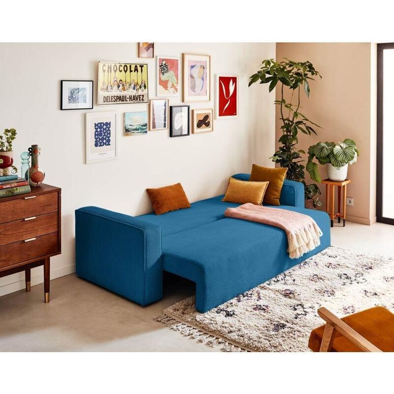 Mavi Fitilli Kadife Sandıklı Yataklı 3 Kişilik Koltuk - 226 cm - 154372