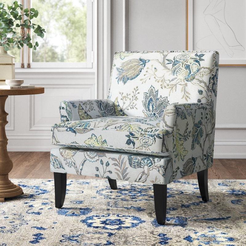 Mavi Gri Çiçek Desenli Masif Huş Ağacı Zımba Detaylı Berjer Koltuk - 70 cm - 156754