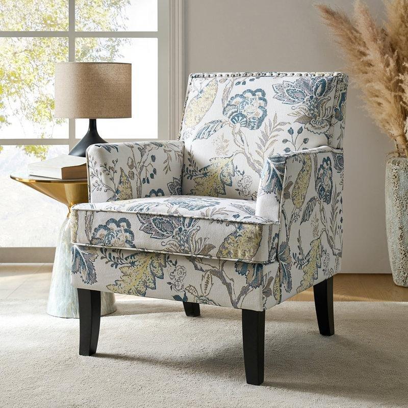 Mavi Gri Çiçek Desenli Masif Huş Ağacı Zımba Detaylı Berjer Koltuk - 70 cm - 156754