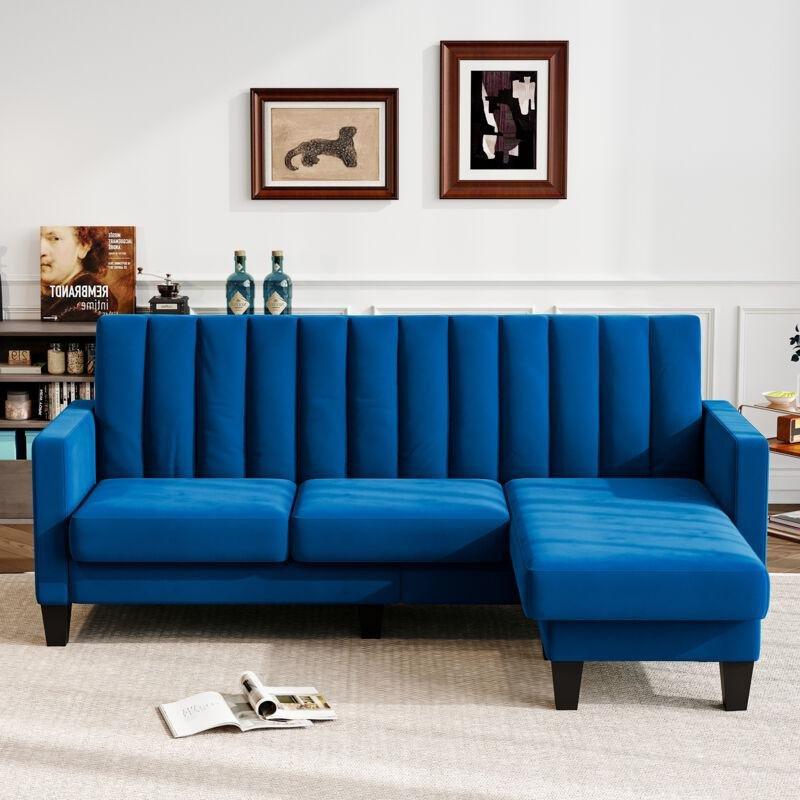 Mavi Kadife Ahşap 3 Kişilik Yönü Değiştirilebilir Puflu Köşe Koltuk - 208x140x85 cm - 153317