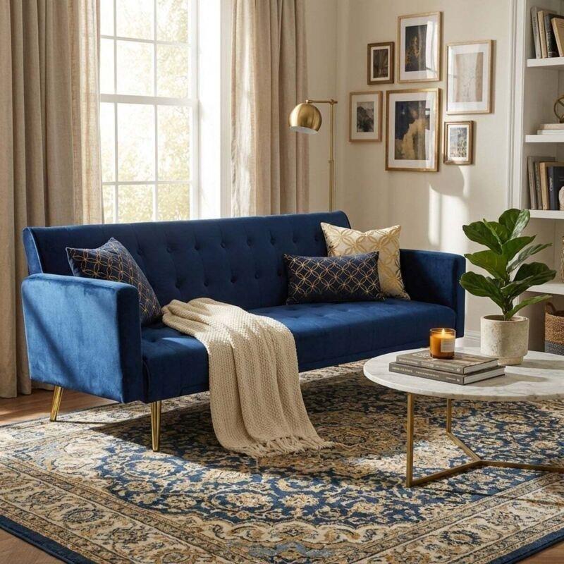 Mavi Kadife Gold Metal Ayaklı 3 Kişilik Yataklı Üçlü Koltuk - 193x81x75 cm - 152860