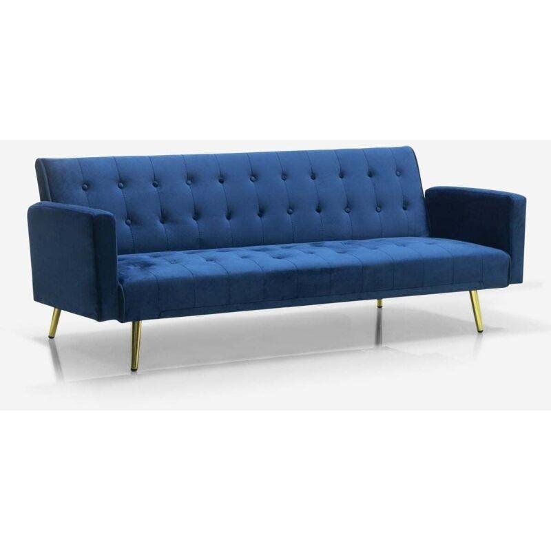 Mavi Kadife Gold Metal Ayaklı 3 Kişilik Yataklı Üçlü Koltuk - 193x81x75 cm - 152860