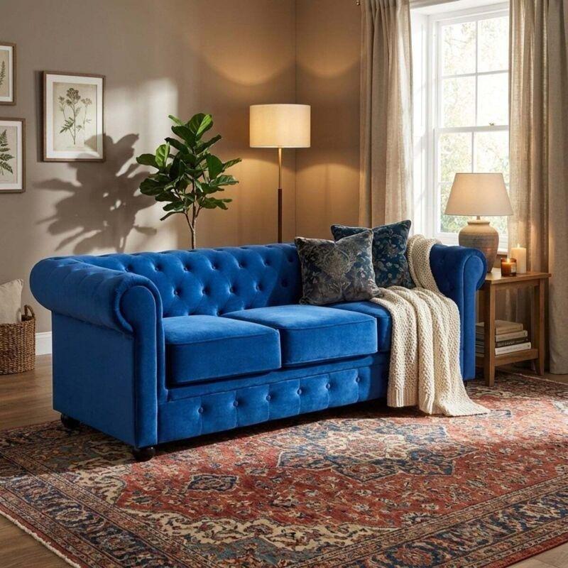 Mavi Kadife Kapitoneli 3 Kişilik Chesterfield Koltuk - 200 cm - 152740