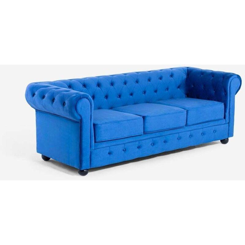 Mavi Kadife Kapitoneli 3 Kişilik Chesterfield Koltuk - 200 cm - 152740