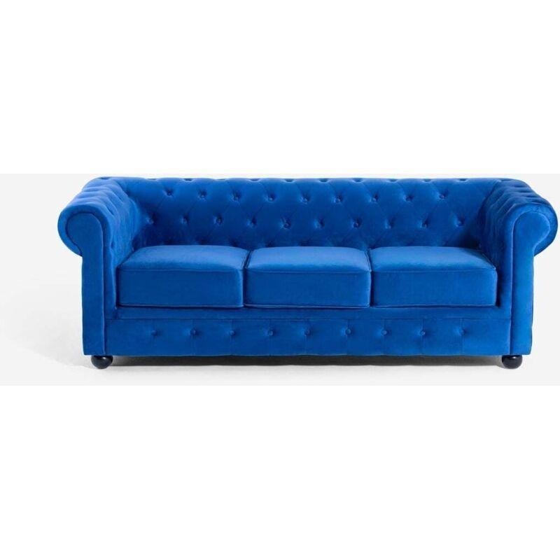 Mavi Kadife Kapitoneli 3 Kişilik Chesterfield Koltuk - 200 cm - 152740