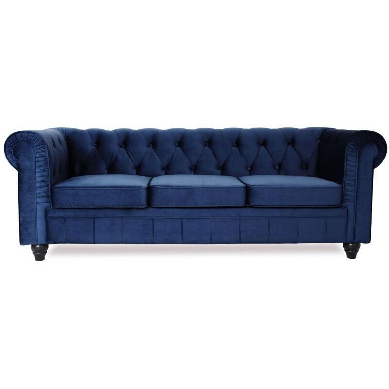 Mavi Kadife Kapitoneli Chesterfield 3 Kişilik Koltuk - 209 cm - 154241
