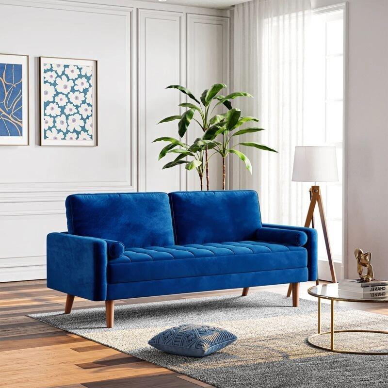 Mavi Kadife Kıvrımlı Kollu Üçlü Koltuk - 173x77x86 cm - 152268